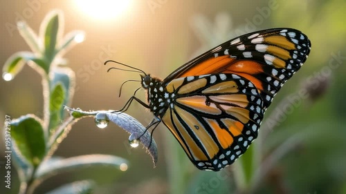 Monarch butterfly resting on dew covered leaf close up nature wildlife macro shot