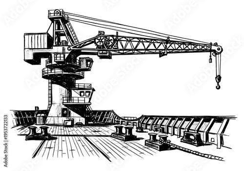 Industrial ship deck with a large crane and mooring bollards, hand-drawn sketch