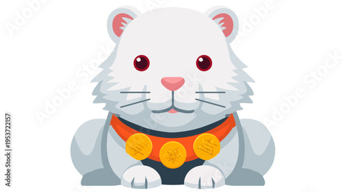 A cartoon illustration of a cute white feline with a red collar and three gold coins