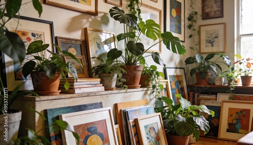 Featuring potted plants and framed art filling mantel corner, with Monstera in terracotta pot