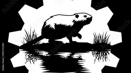 A black and white illustration of a beaver standing on a rock. Reflections are visible