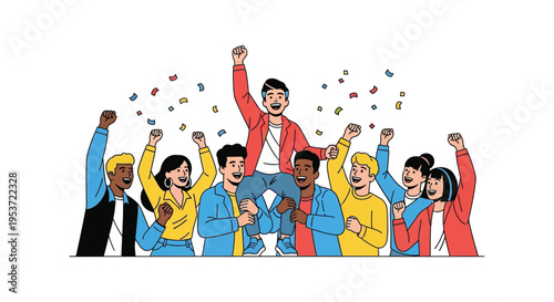 A diverse group of people joyfully celebrating with raised arms and confetti depicted in a flat colorful silhouette high quality professional