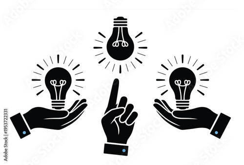 Hands holding lightbulbs with a pointing finger and a central idea