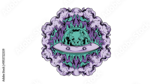 A cartoonish depiction of a spaceship surrounded by colorful, stylized clouds