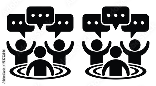 Iconography of people in discussion groups with speech bubbles