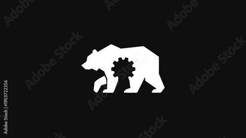 A geometric white bear with a gear inside, standing on a black background