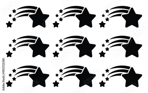 Nine Black Shooting Stars with Trails on a White Background