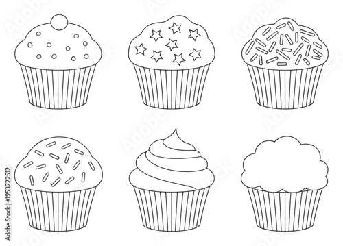 Six Outline of Various Cupcakes with Different Toppings