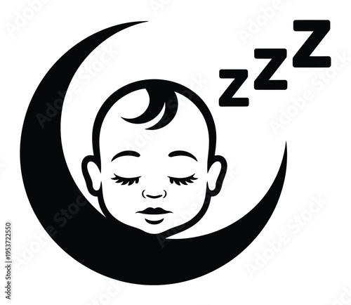 Sleeping baby on a crescent moon with Zzz symbols, representing peaceful sleep