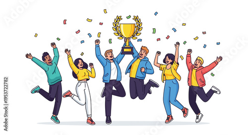 A jubilant group of people celebrate a victory with a golden trophy raising their arms in excitement silhouette high quality