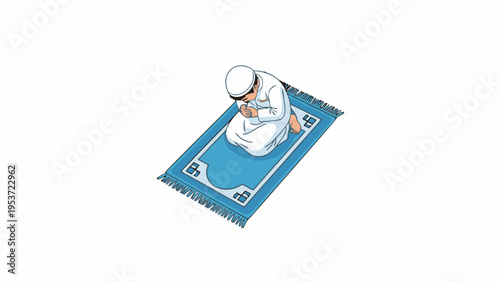 Muslim Boy Praying on Blue Prayer Mat Isolated on White