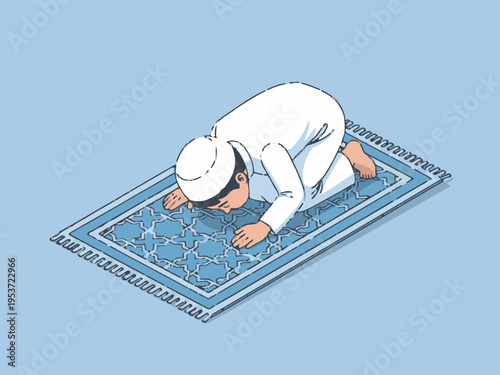 Muslim Man Performing Sujud Prostration on Prayer Mat