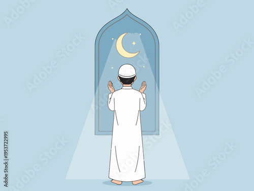 Muslim Man Praying and Making Dua Facing Crescent Moon