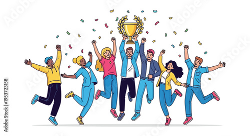 A joyful group of people celebrate a victory raising arms in triumph with a golden trophy silhouette high quality professional