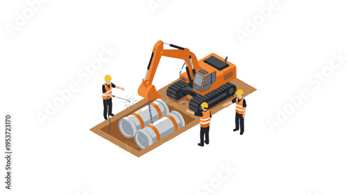 Excavator and workers installing concrete pipes in ground trench