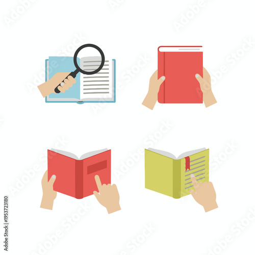 Hands reading books and using magnifying glass illustration set