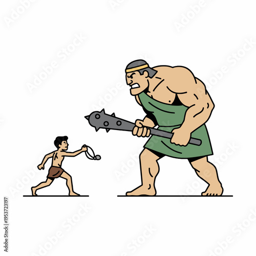 David Facing Goliath with Sling and Club Vector Illustration