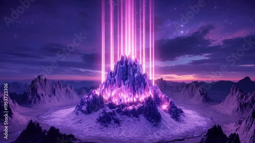 Mystical mountain peak with radiant pink light beams in fantasy landscape at sunset