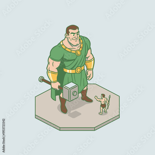 Isometric Giant Warrior with Hammer Facing Tiny Spearman
