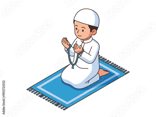 Muslim Boy Praying with Prayer Beads on Mat Vector Illustration