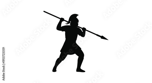 A dramatic black silhouette depicts a warrior holding a spear poised for action against a stark white background silhouette high quality