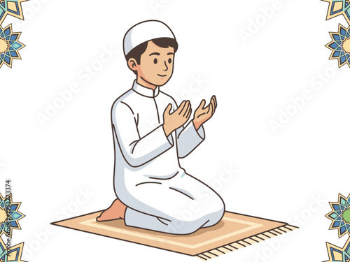 Muslim Boy Praying Dua on Prayer Mat Illustration