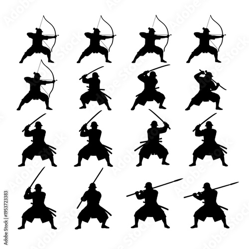 Samurai Warrior Silhouette Set with Katana Bow and Spear
