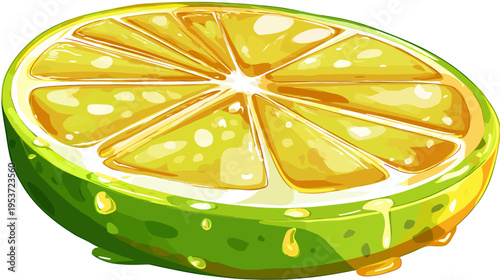 A vibrant, semi-realistic illustration of a juicy lime slice with glistening juice drops