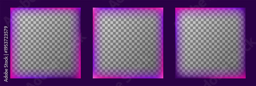Square gradient border overlay set. Glowing neon frame in pink and purple. UV filter fluorescent  borders, Transparent frames great for social media post, banner, poster