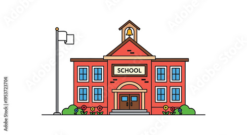 A charming colorful illustration depicts a classic schoolhouse with a prominent bell tower showcasing a flat silhouette high quality professional detailed