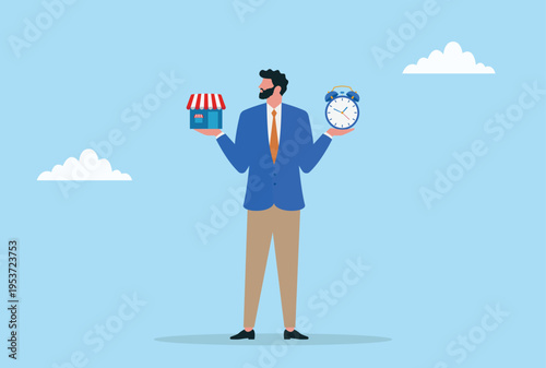 Vector illustration of a businessman balancing an alarm clock and a small shop representing time management, small business management, and work life balance
