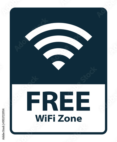 free wifi zone label, modern dark blue flat icon with signal waves and text, public internet access sign for cafe workspace hotel reception and signage, PNG with transparent background