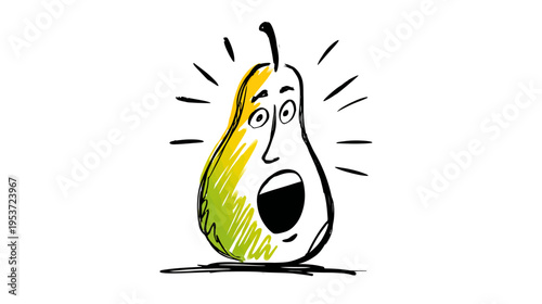 A startled, cartoonish pear with a face and open mouth, surrounded by radiating lines