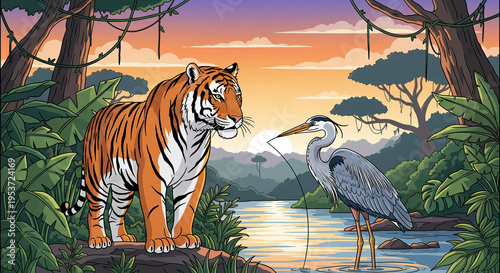 Tiger in the jungle by the river and heron 