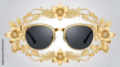 Luxury Gold Frame Sunglasses set with floral decorative ornament. Suitable for fashion branding, luxury design, accessories illustration, lifestyle graphics, etc