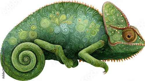 Intricate illustration of a green chameleon with detailed patterns and curled tail