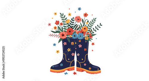 A pair of blue rain boots with a floral pattern, overflowing with a beautiful bouquet of colorful spring and summer wildflowers.
