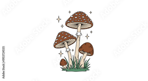 A charming retro illustration of a cluster of magical amanita muscaria mushrooms with sparkles isolated on a white background.