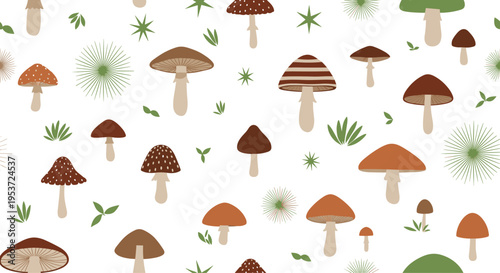 A seamless pattern of various mushrooms in earthy tones with leaves and abstract elements on a clean white background design.