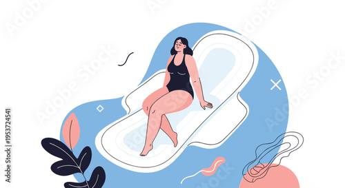 A positive illustration about menstruation, featuring a woman sitting comfortably on a large sanitary pad with abstract shapes.