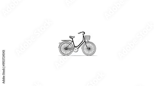 A simple, two-wheeled bicycle illustration with a front basket and a seat. Line art style