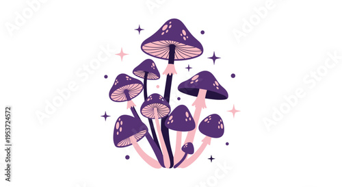 A magical illustration of a cluster of purple and pink mushrooms with sparkles, depicted in a whimsical, mystical art style.