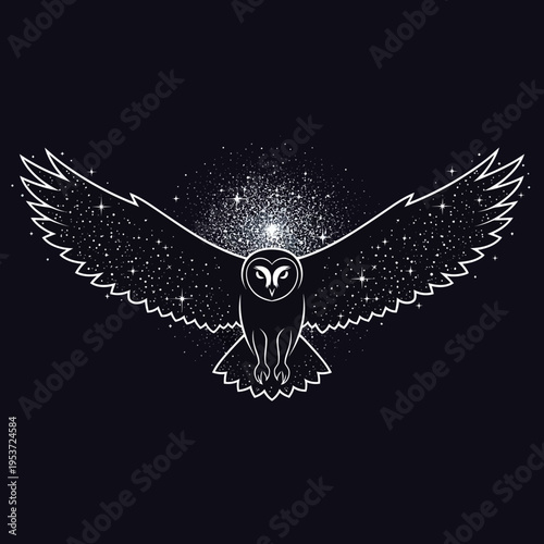 Cosmic Owl with Wings Spread, Celestial Night Sky, Starry Constellation, Mystical Bird