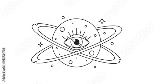 A mystical, esoteric line art illustration of a planet with rings, featuring a large all-seeing eye in the center of it.