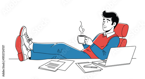 A relaxed man leans back in his chair with his feet on the desk, enjoying a coffee break from work in the office.