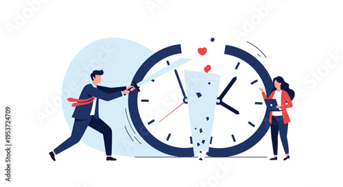 A business man with a sword slashes through a giant clock, representing concepts of time management, deadlines, and efficiency.