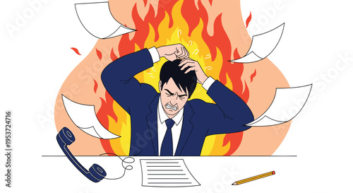 An illustration of a stressed and angry businessman at his desk, with his head on fire, overwhelmed by paperwork and deadlines.