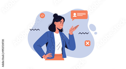 An illustration of a displeased business woman gesturing with her hand, surrounded by negative feedback icons and a chat bubble.