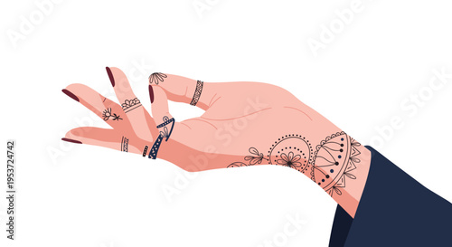 An elegant illustration of a woman's hand decorated with beautiful, intricate henna tattoos and stylish rings, showing a gentle gesture.