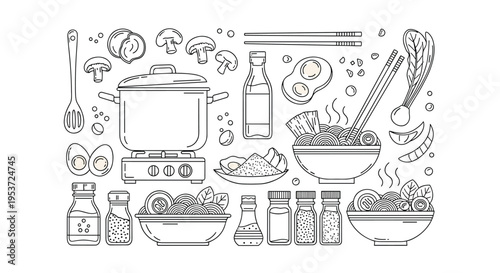A large set of doodle-style line art illustrations showing all the ingredients and equipment needed for making ramen at home.